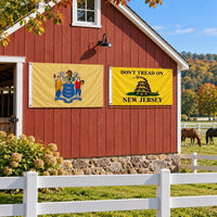 New Jersey State Flag and Don't Tread on New Jersey Flag 3x5 2-Pack displayed outdoors