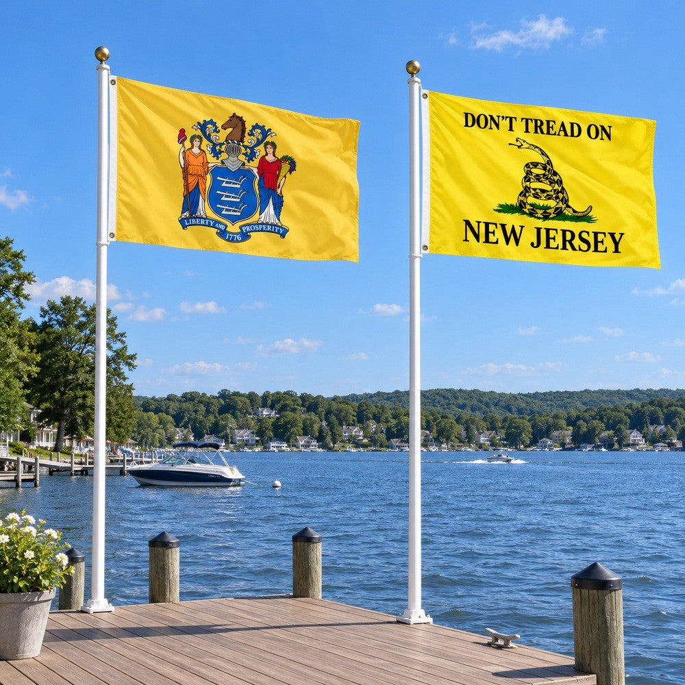New Jersey State Flag and Don't Tread on New Jersey Flag 3x5 2-Pack displayed outdoors