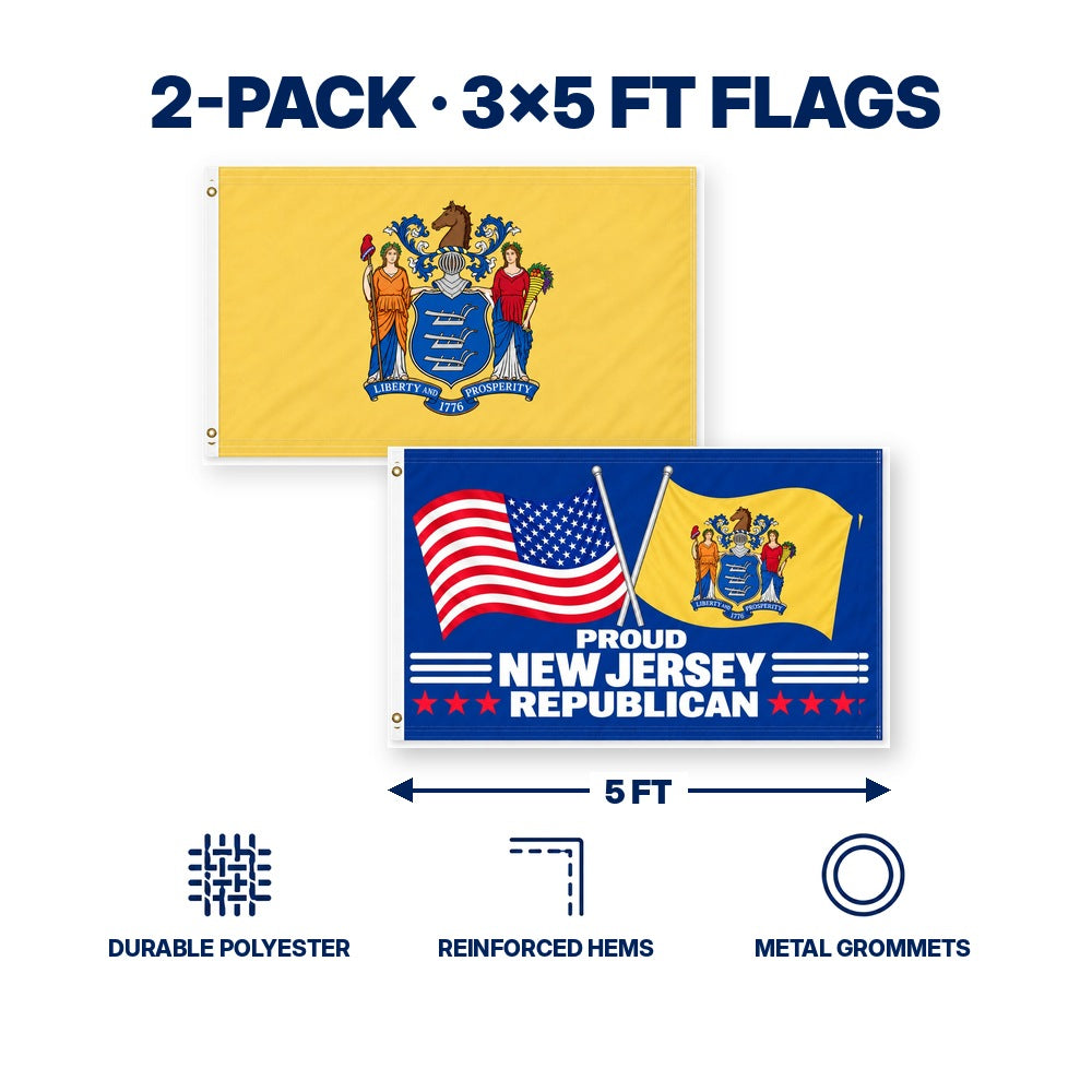 New Jersey State Flag and Proud New Jersey Republican Flag 3x5 2-Pack features and size details