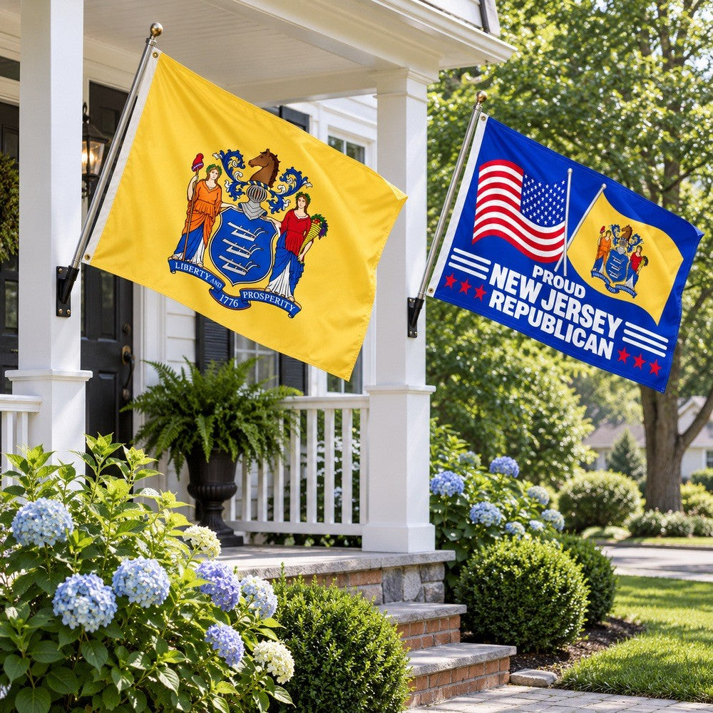 New Jersey State Flag and Proud New Jersey Republican Flag 3x5 2-Pack displayed outdoors