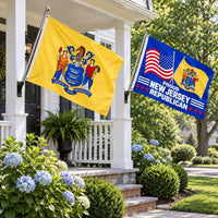 New Jersey State Flag and Proud New Jersey Republican Flag 3x5 2-Pack displayed outdoors