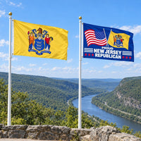 New Jersey State Flag and Proud New Jersey Republican Flag 3x5 2-Pack displayed outdoors