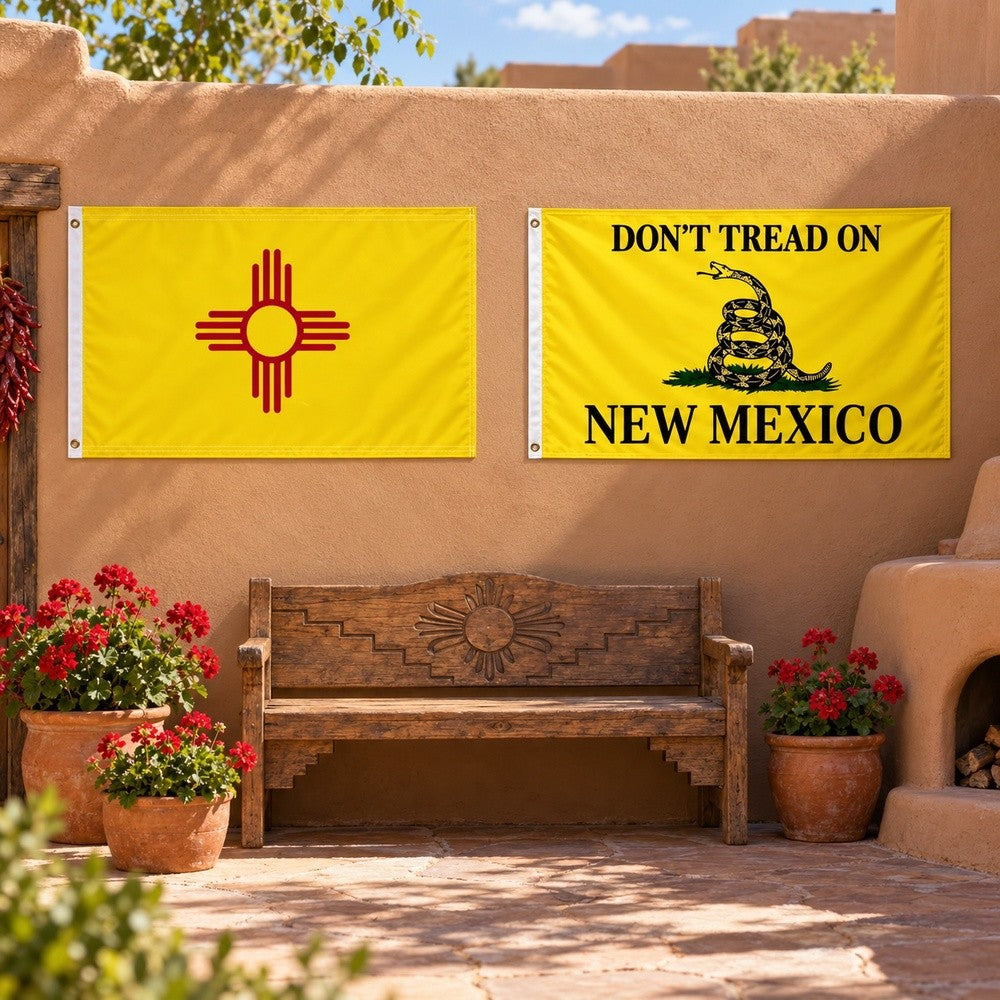 New Mexico State Flag and Don't Tread on New Mexico Flag 3x5 2-Pack displayed outdoors
