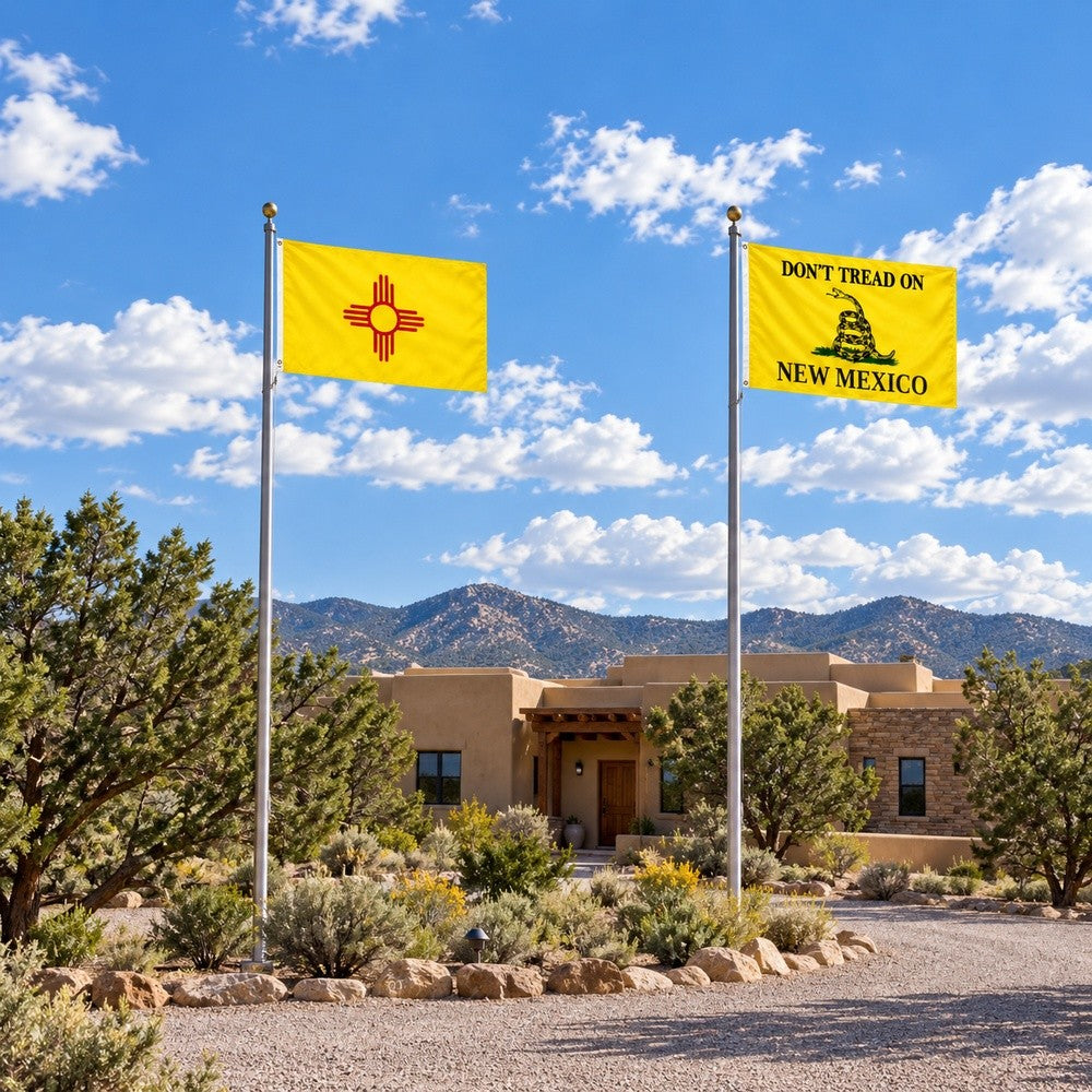 New Mexico State Flag and Don't Tread on New Mexico Flag 3x5 2-Pack displayed outdoors