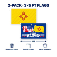 New Mexico State Flag and Proud New Mexico Republican Flag 3x5 2-Pack features and size details