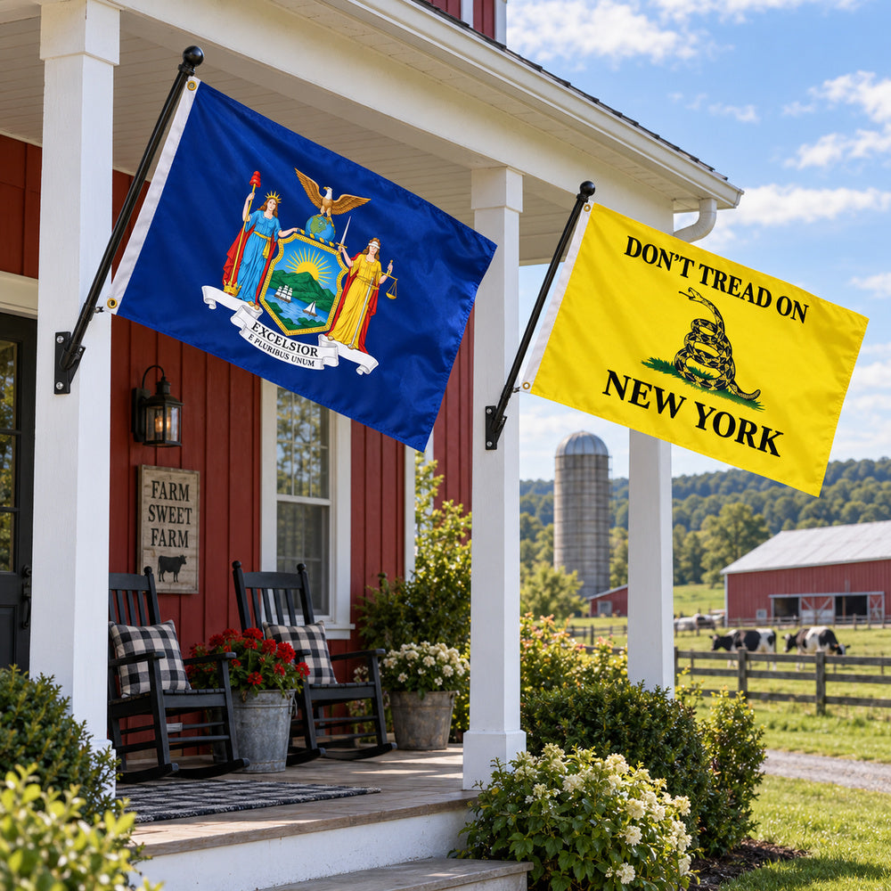 New York State Flag and Don't Tread on New York Flag 3x5 2-Pack displayed outdoors