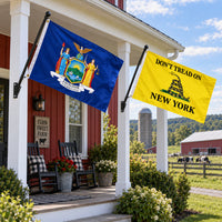 New York State Flag and Don't Tread on New York Flag 3x5 2-Pack displayed outdoors
