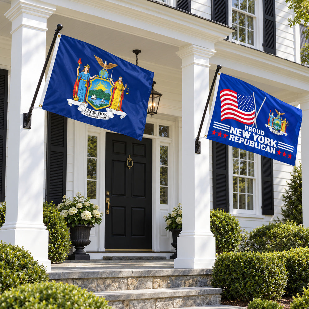 New York State Flag and Proud New York Republican Flag 3x5 2-Pack displayed outdoors