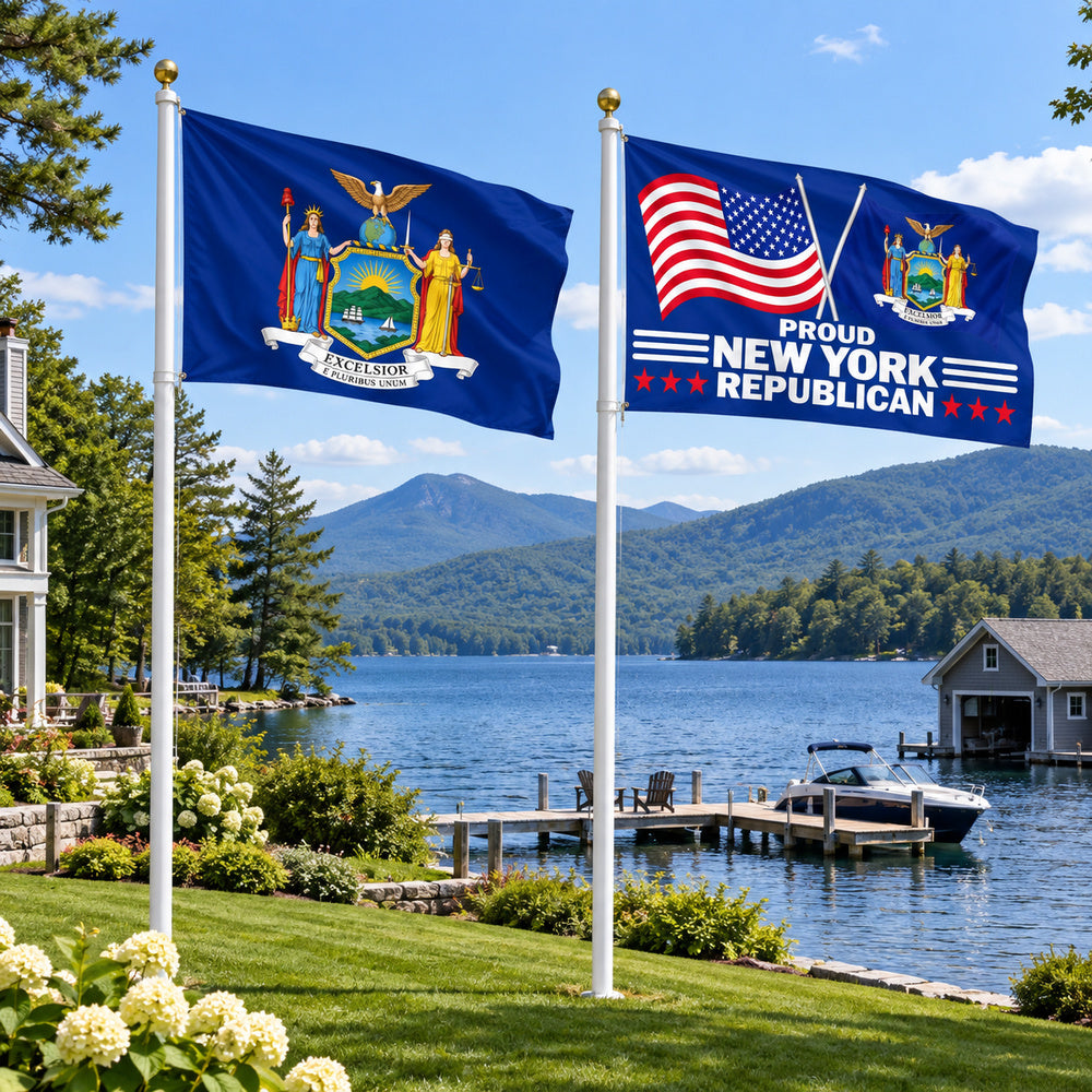 New York State Flag and Proud New York Republican Flag 3x5 2-Pack displayed outdoors