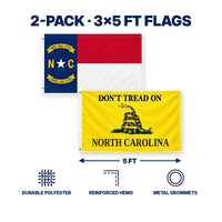 North Carolina State Flag and Don't Tread on North Carolina Flag 3x5 2-Pack features and size details