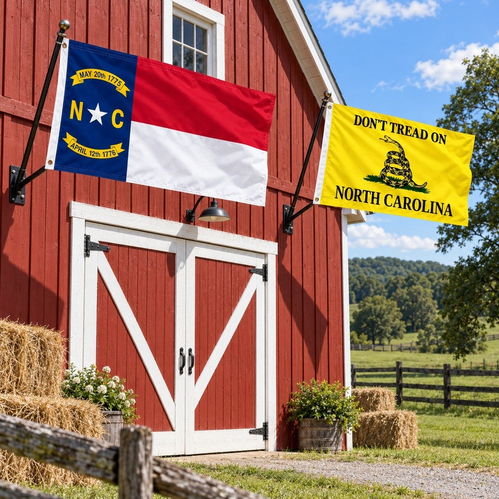 North Carolina State Flag and Don't Tread on North Carolina Flag 3x5 2-Pack displayed outdoors