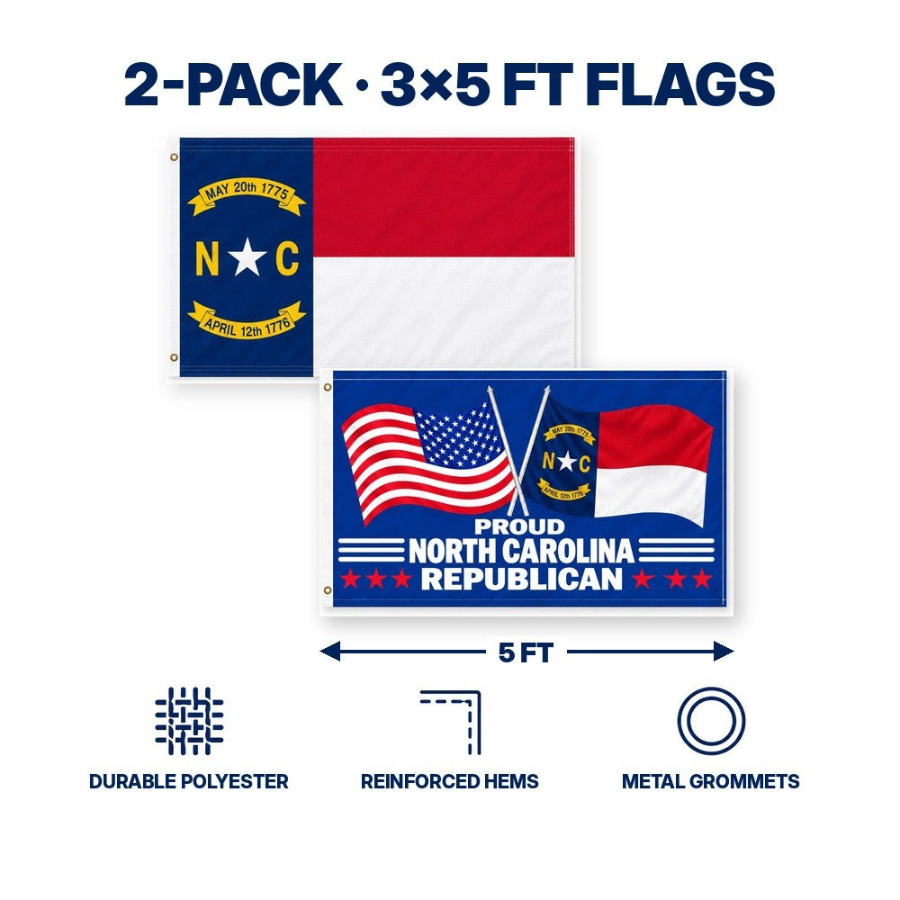 North Carolina State Flag and Proud North Carolina Republican Flag 3x5 2-Pack features and size details