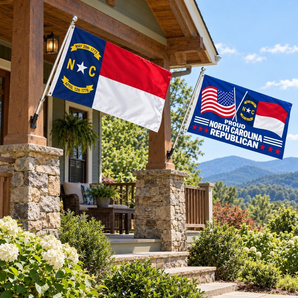 North Carolina State Flag and Proud North Carolina Republican Flag 3x5 2-Pack displayed outdoors