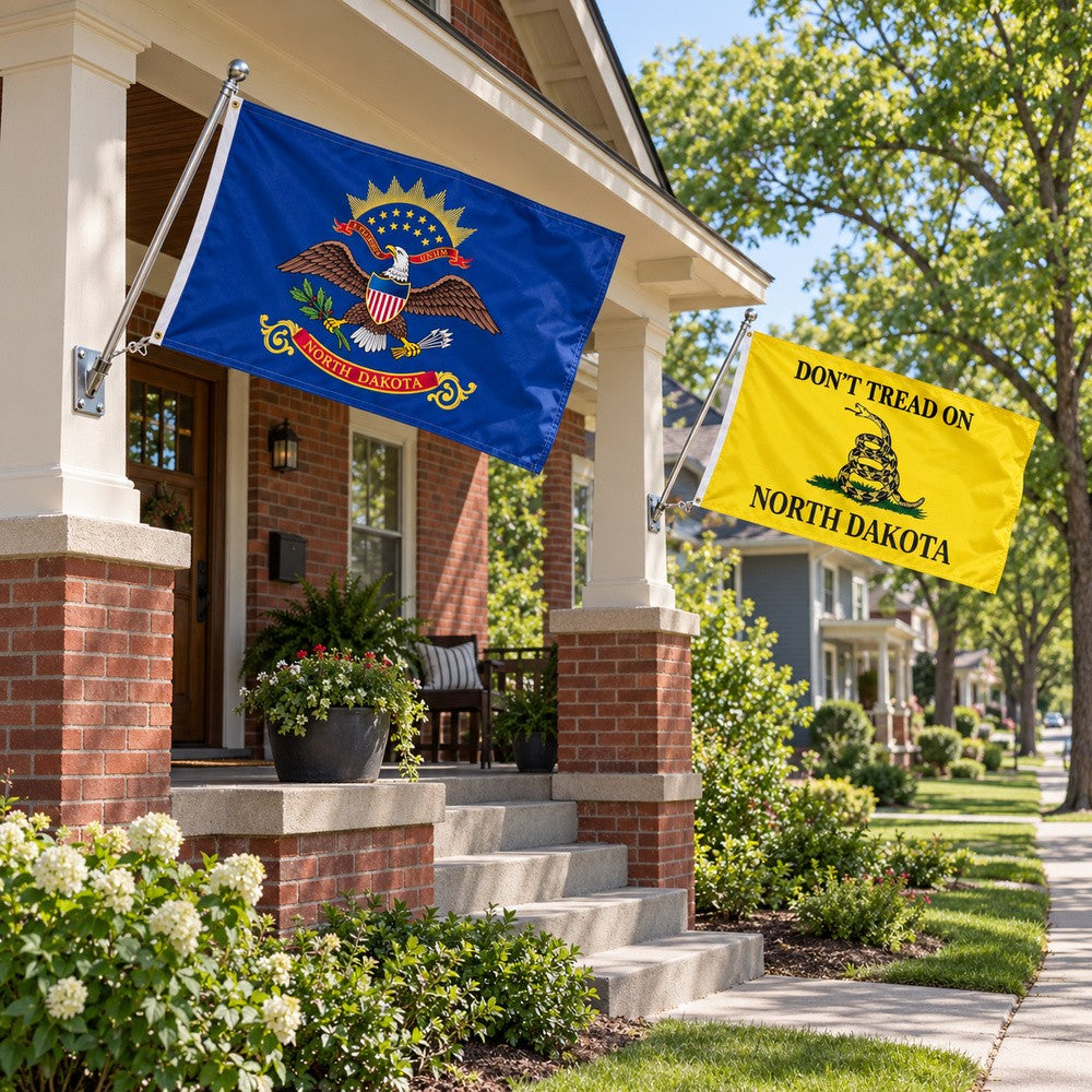 North Dakota State Flag and Don't Tread on North Dakota Flag 3x5 2-Pack displayed outdoors