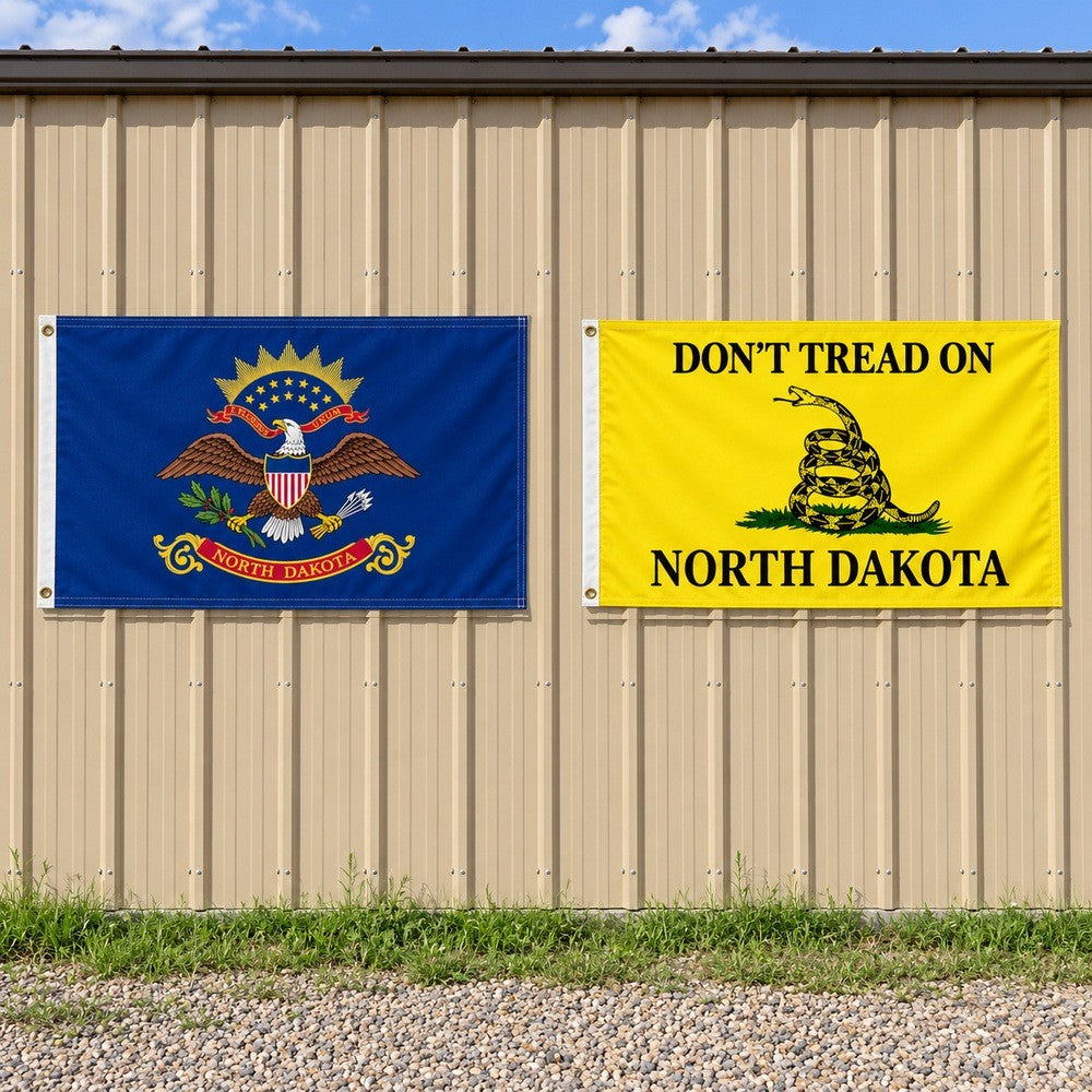 North Dakota State Flag and Don't Tread on North Dakota Flag 3x5 2-Pack displayed outdoors
