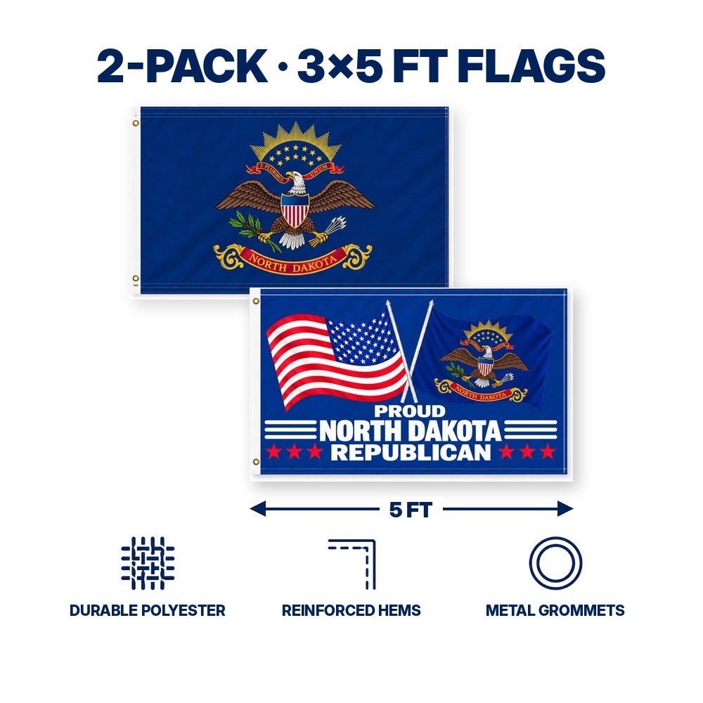 North Dakota State Flag and Proud North Dakota Republican Flag 3x5 2-Pack features and size details