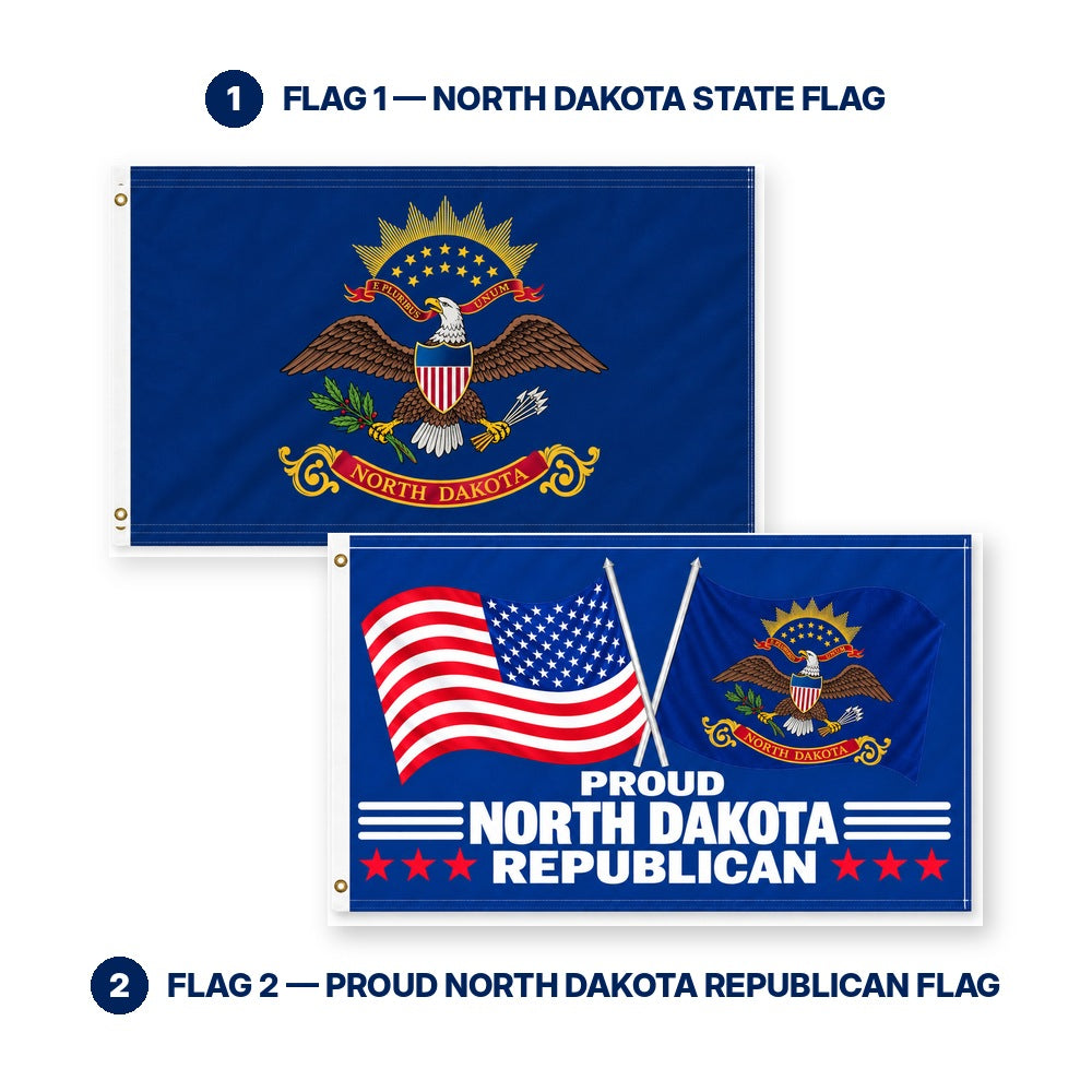 North Dakota State Flag and Proud North Dakota Republican Flag 3x5 2-Pack features and size details