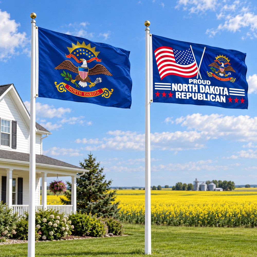 North Dakota State Flag and Proud North Dakota Republican Flag 3x5 2-Pack displayed outdoors