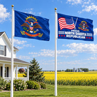 North Dakota State Flag and Proud North Dakota Republican Flag 3x5 2-Pack displayed outdoors