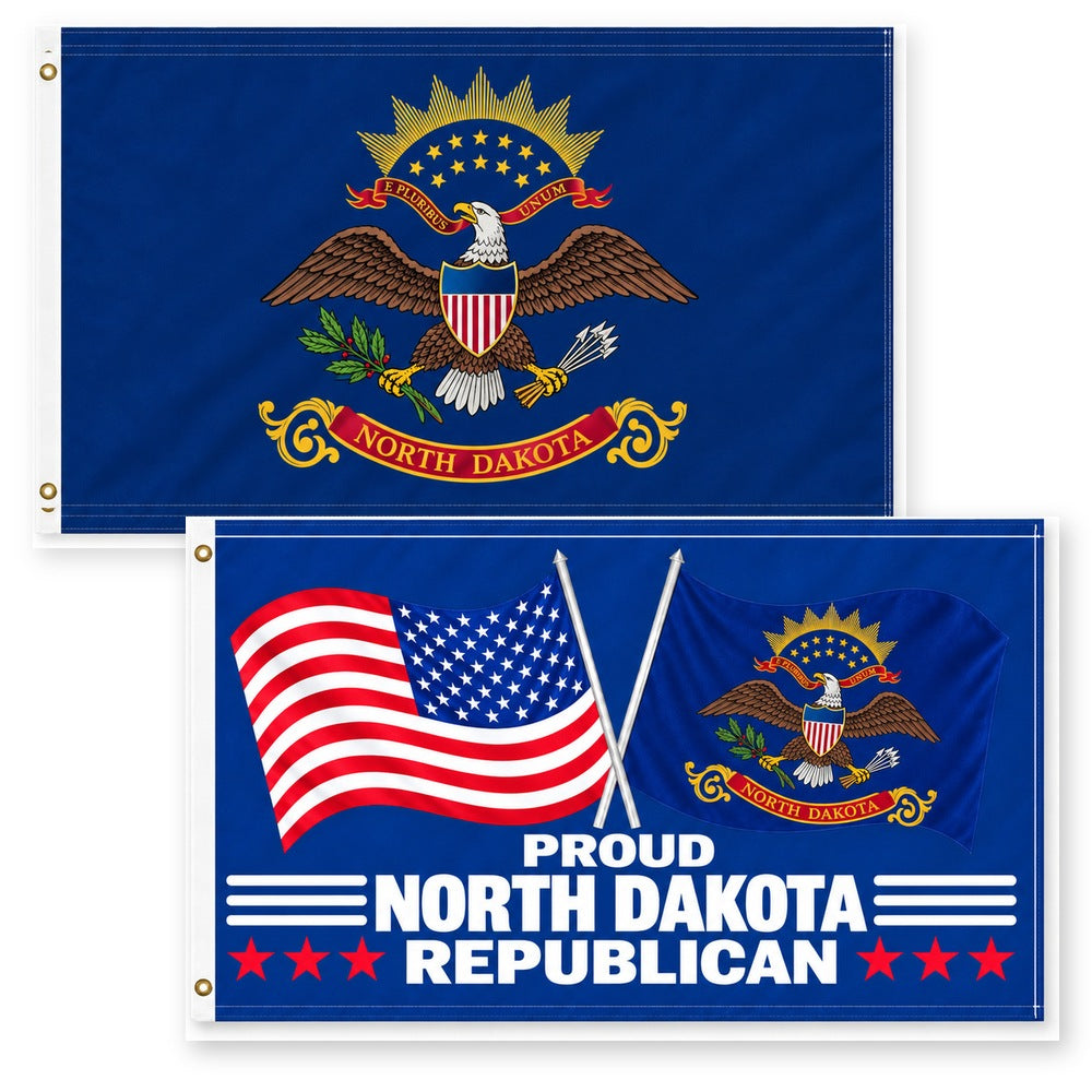 North Dakota State Flag and Proud North Dakota Republican Flag 3x5 2-Pack