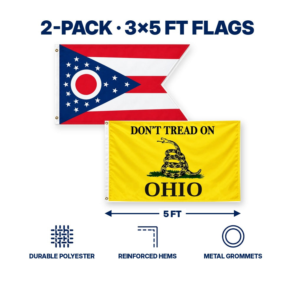 Ohio State Flag and Don't Tread on Ohio Flag 3x5 2-Pack features and size details