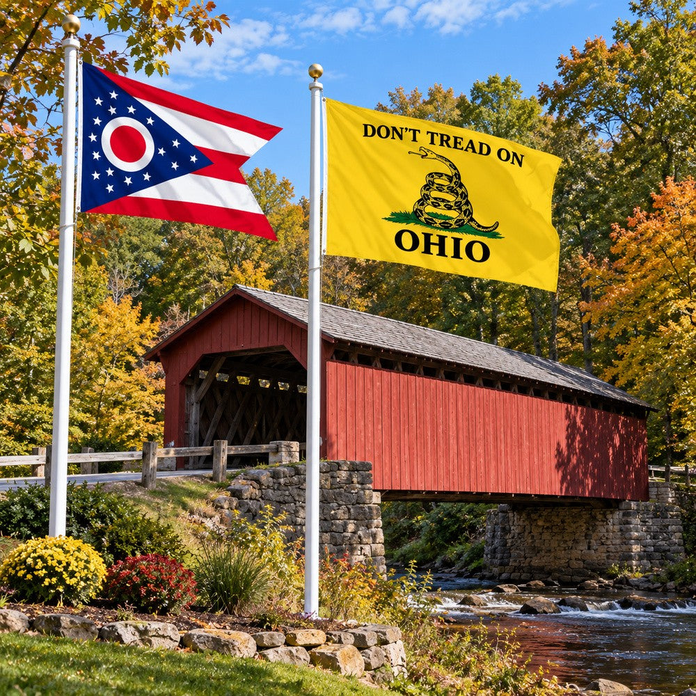 Ohio State Flag and Don't Tread on Ohio Flag 3x5 2-Pack displayed outdoors