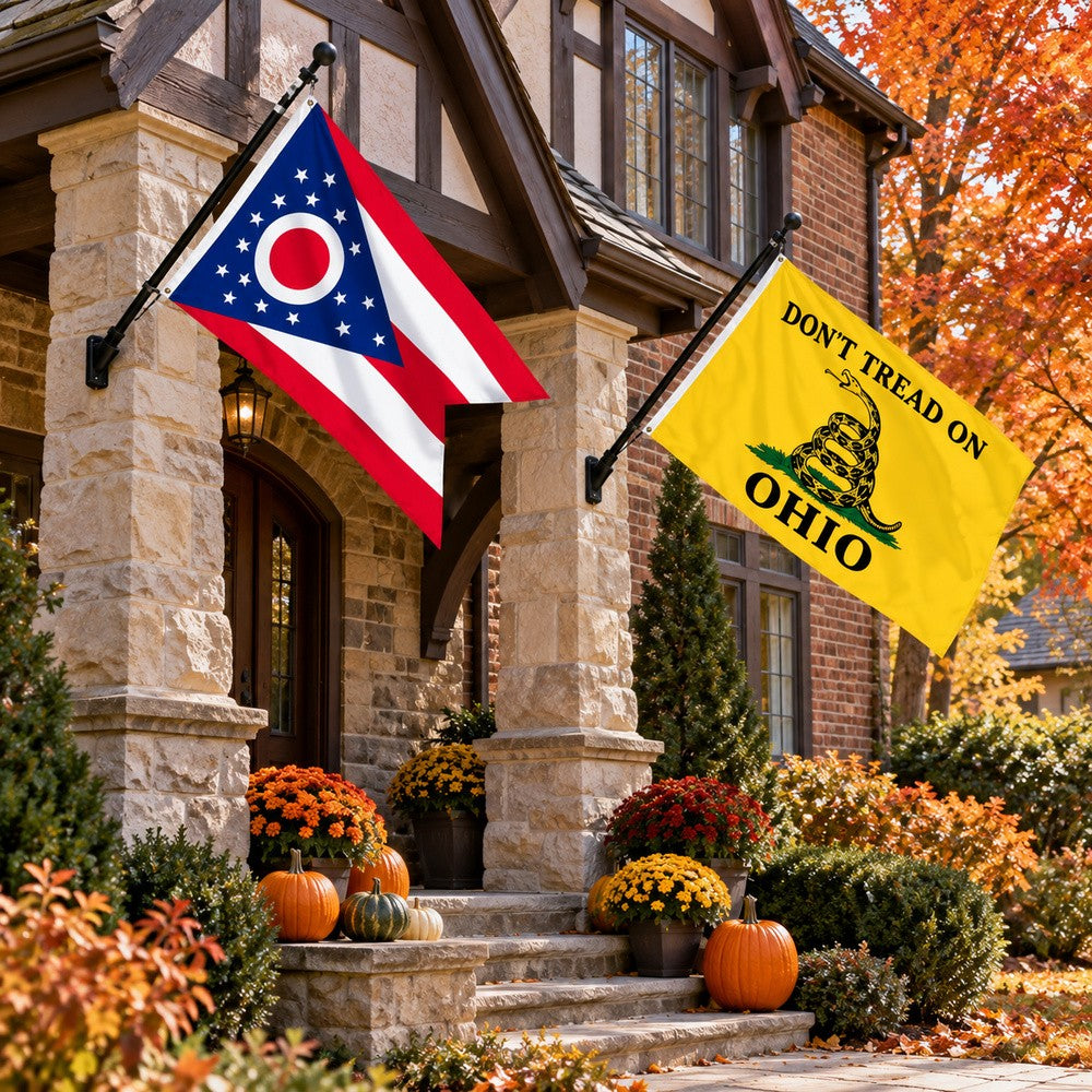 Ohio State Flag and Don't Tread on Ohio Flag 3x5 2-Pack displayed outdoors