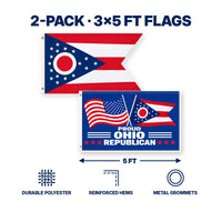 Ohio State Flag and Proud Ohio Republican Flag 3x5 2-Pack features and size details