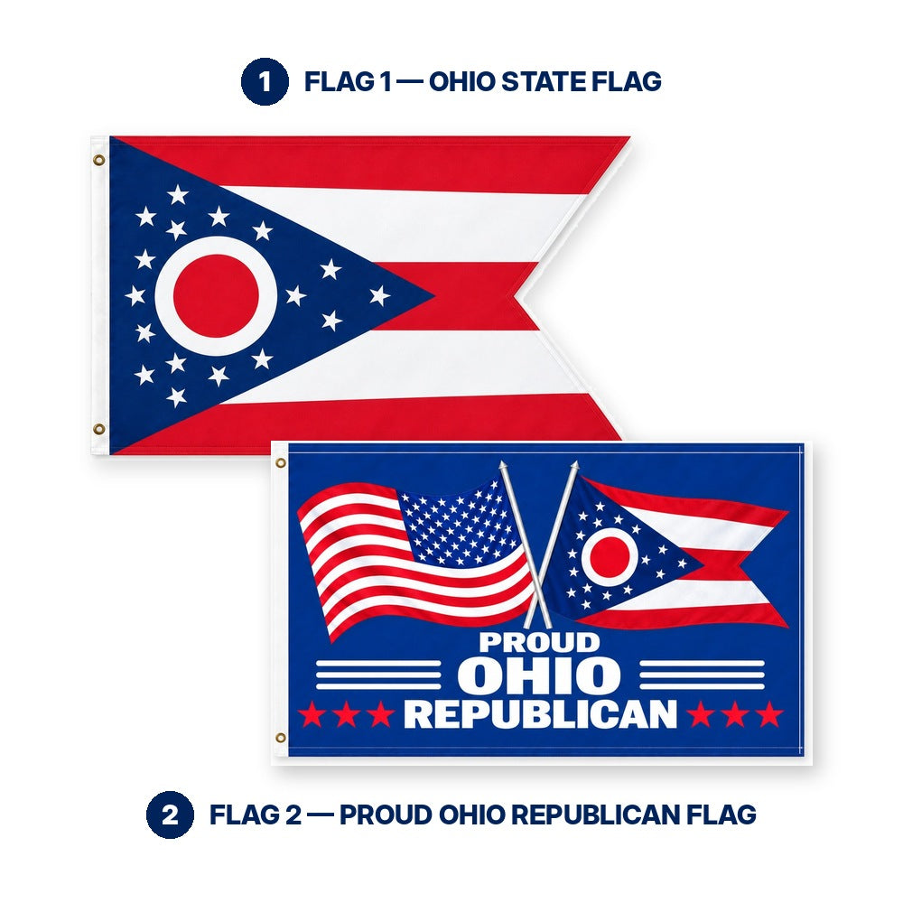 Ohio State Flag and Proud Ohio Republican Flag 3x5 2-Pack features and size details