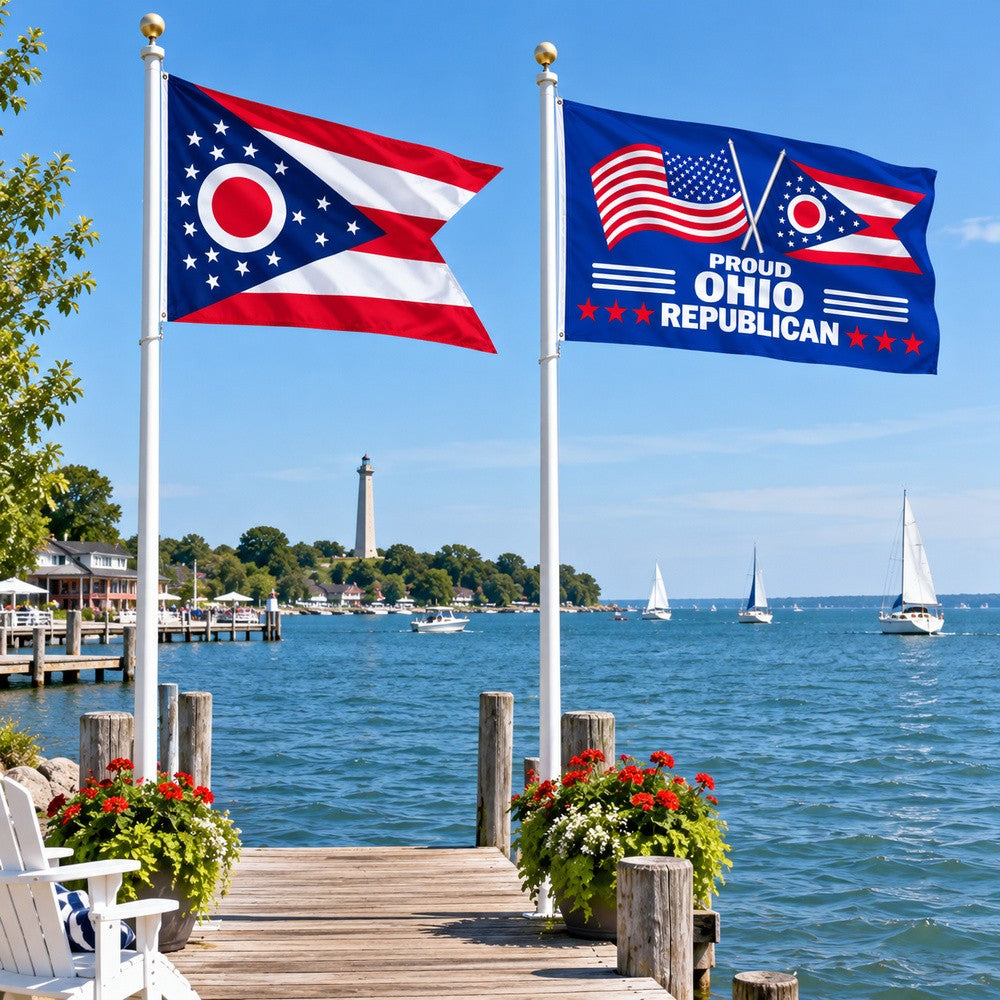 Ohio State Flag and Proud Ohio Republican Flag 3x5 2-Pack displayed outdoors