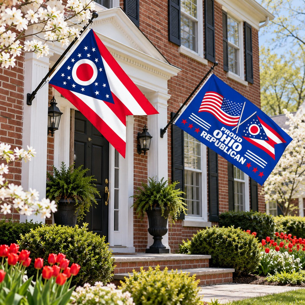 Ohio State Flag and Proud Ohio Republican Flag 3x5 2-Pack displayed outdoors