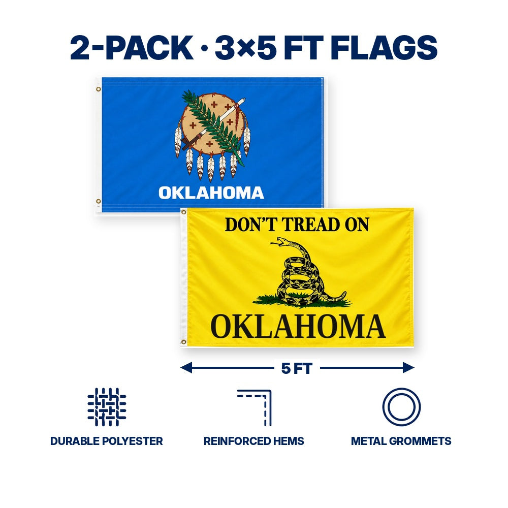 Oklahoma State Flag and Don't Tread on Oklahoma Flag 3x5 2-Pack features and size details