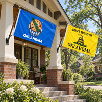 Oklahoma State Flag and Don't Tread on Oklahoma Flag 3x5 2-Pack displayed outdoors