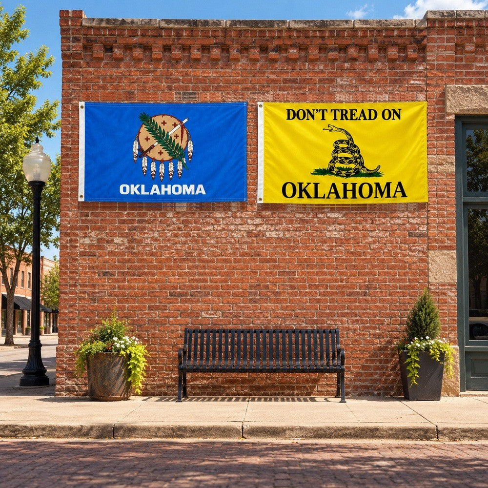Oklahoma State Flag and Don't Tread on Oklahoma Flag 3x5 2-Pack displayed outdoors