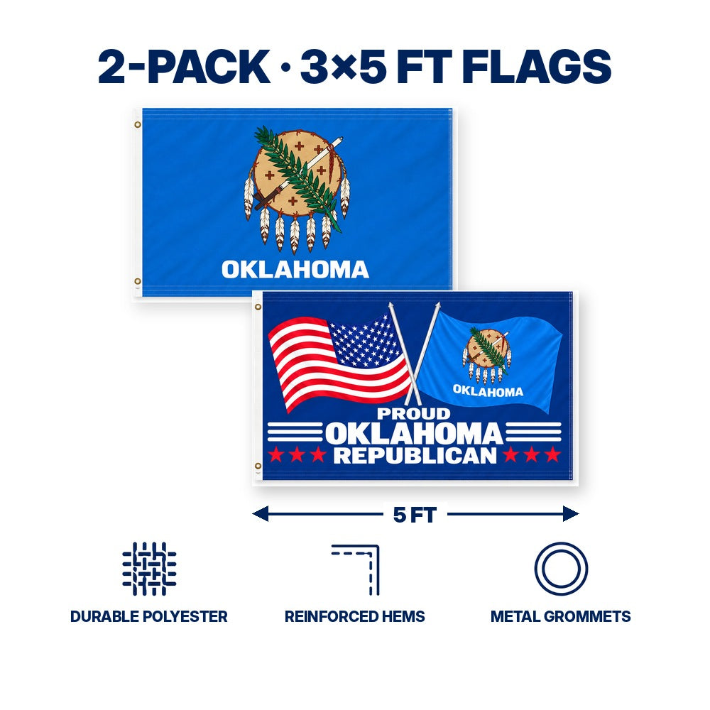 Oklahoma State Flag and Proud Oklahoma Republican Flag 3x5 2-Pack features and size details