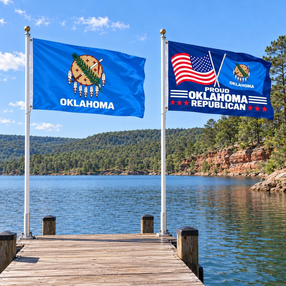Oklahoma State Flag and Proud Oklahoma Republican Flag 3x5 2-Pack displayed outdoors