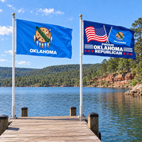 Oklahoma State Flag and Proud Oklahoma Republican Flag 3x5 2-Pack displayed outdoors