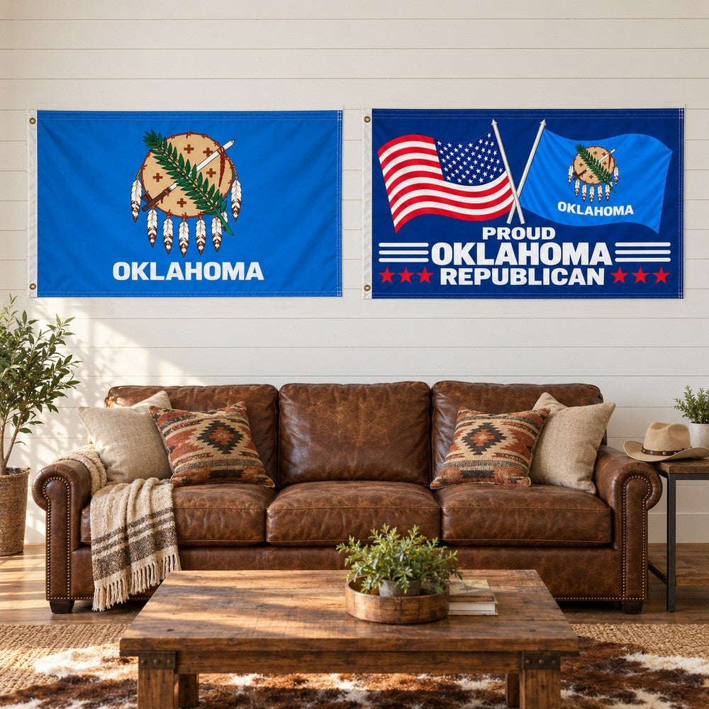 Oklahoma State Flag and Proud Oklahoma Republican Flag 3x5 2-Pack displayed outdoors