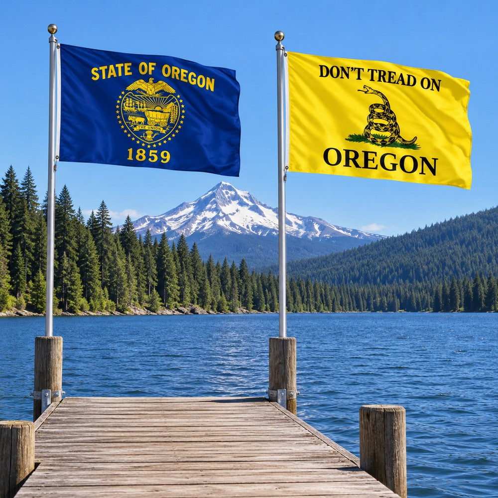 Oregon State Flag and Don't Tread on Oregon Flag 3x5 2-Pack displayed outdoors