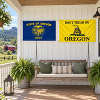 Oregon State Flag and Don't Tread on Oregon Flag 3x5 2-Pack displayed outdoors