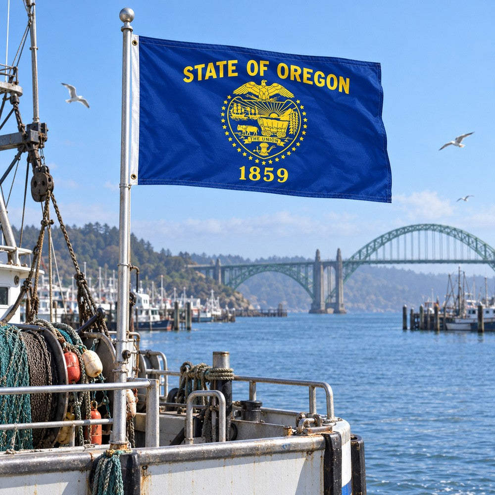 Oregon State Flag 3x5 displayed outdoors
