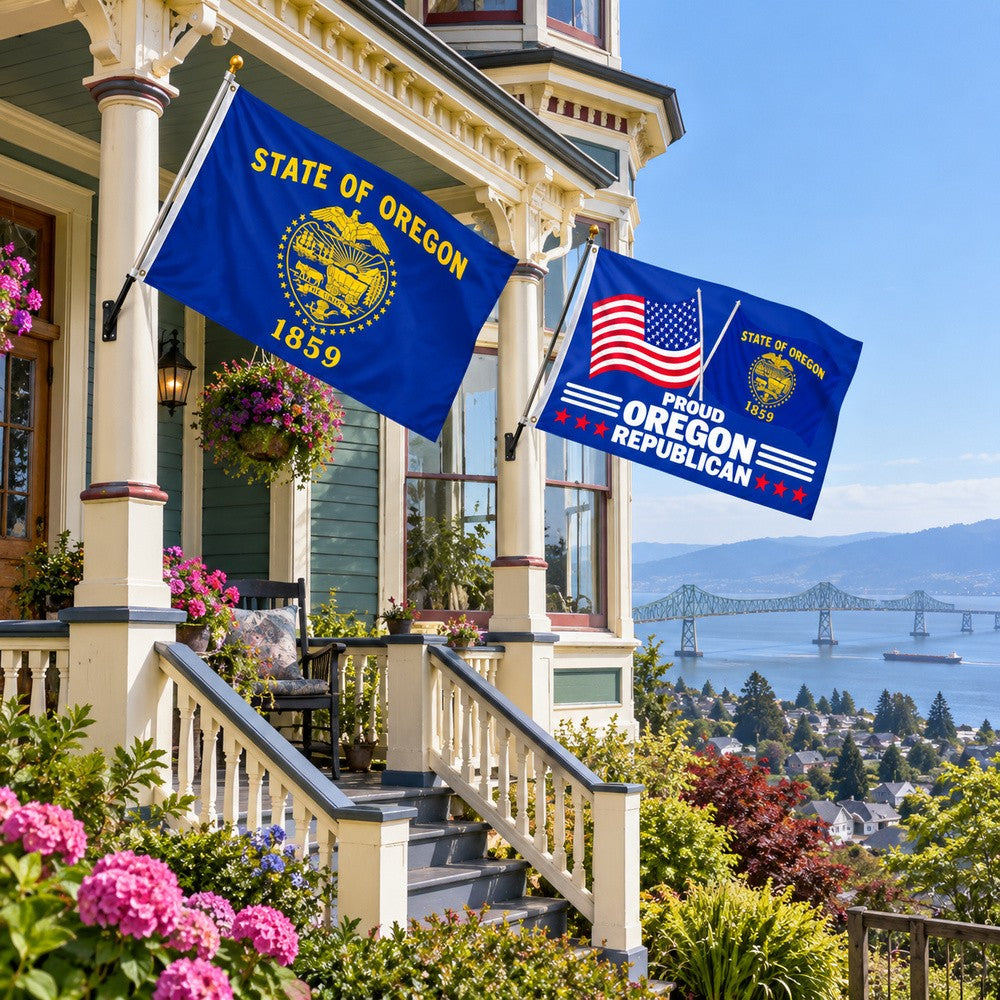 Oregon State Flag and Proud Oregon Republican Flag 3x5 2-Pack displayed outdoors