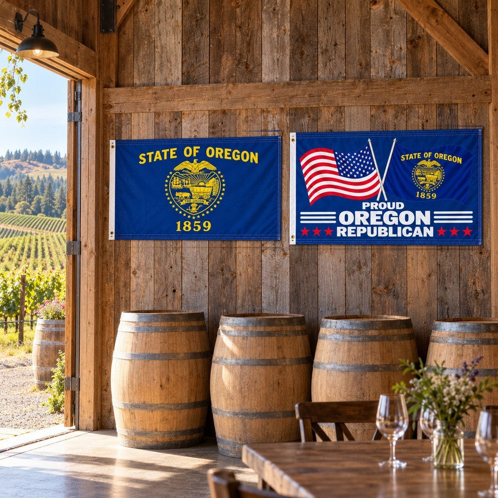 Oregon State Flag and Proud Oregon Republican Flag 3x5 2-Pack displayed outdoors