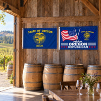 Oregon State Flag and Proud Oregon Republican Flag 3x5 2-Pack displayed outdoors