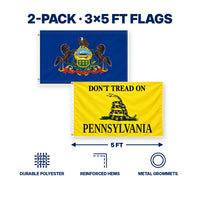Pennsylvania State Flag and Don't Tread on Pennsylvania Flag 3x5 2-Pack features and size details