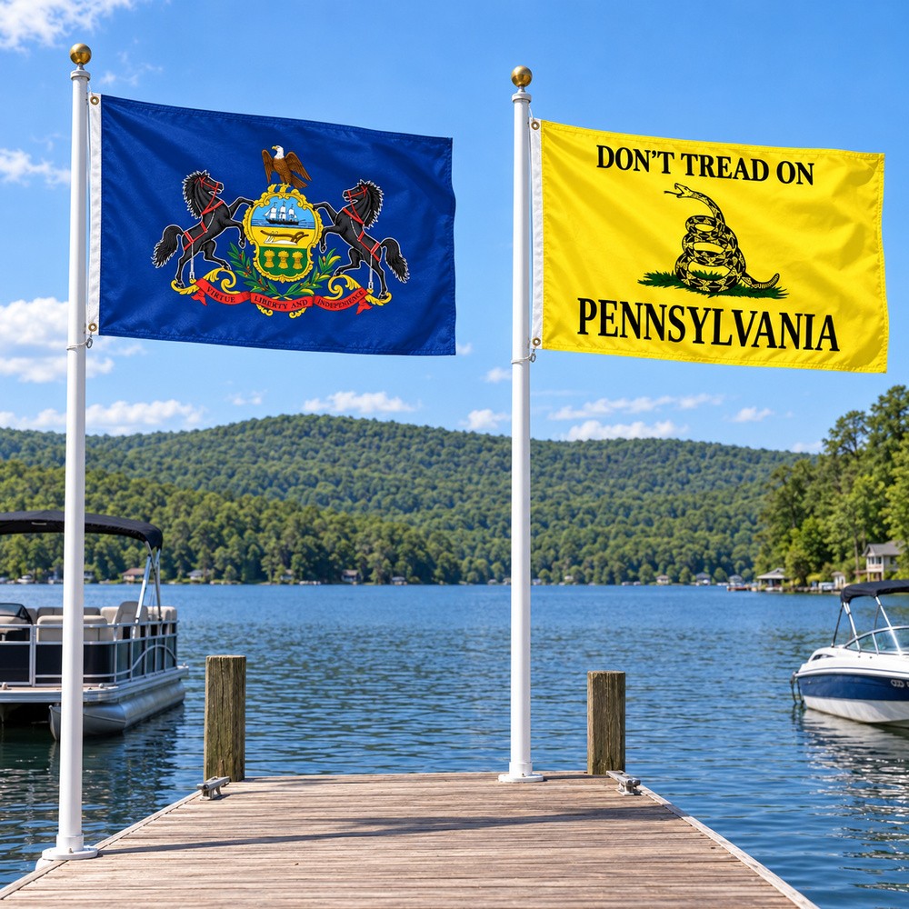 Pennsylvania State Flag and Don't Tread on Pennsylvania Flag 3x5 2-Pack displayed outdoors