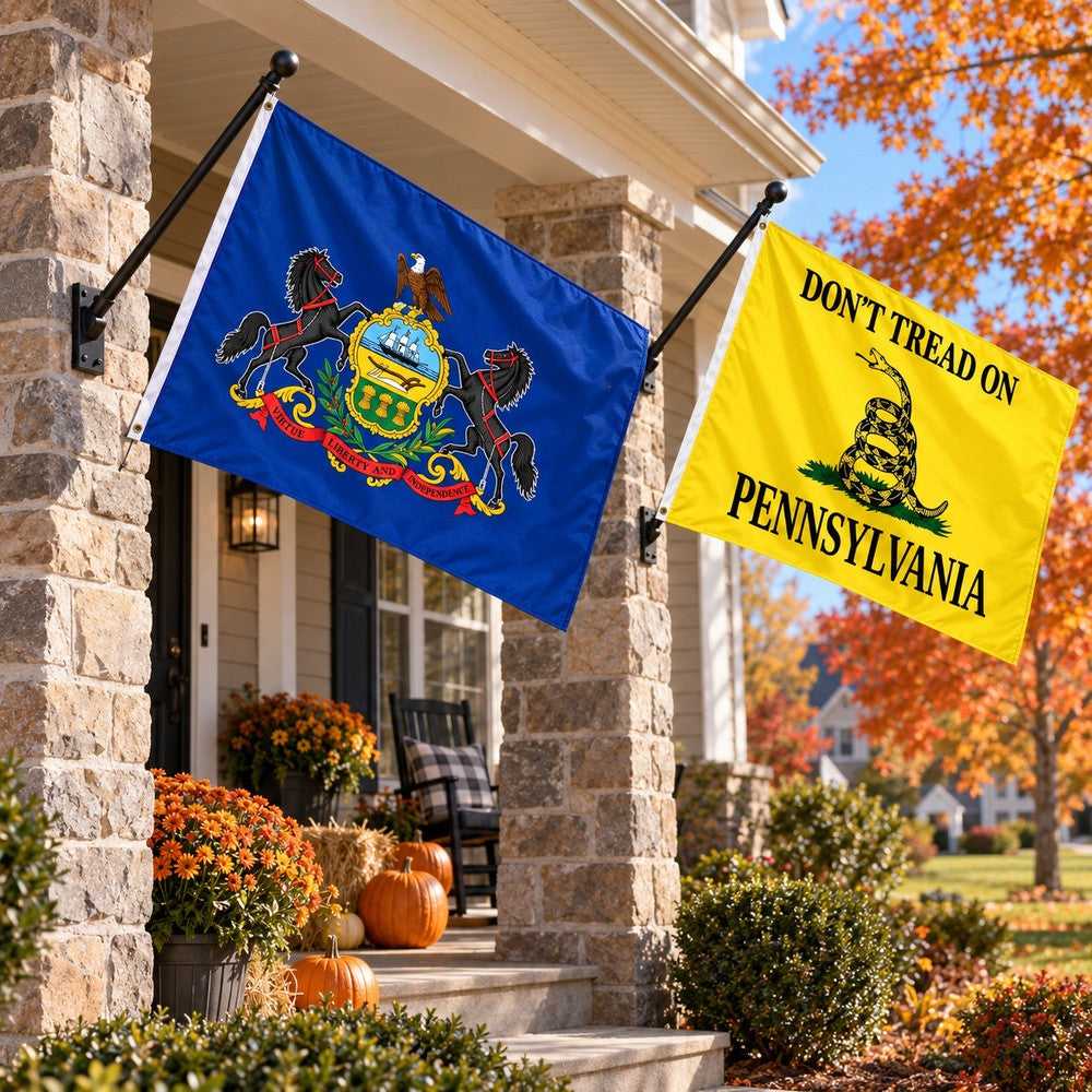 Pennsylvania State Flag and Don't Tread on Pennsylvania Flag 3x5 2-Pack displayed outdoors