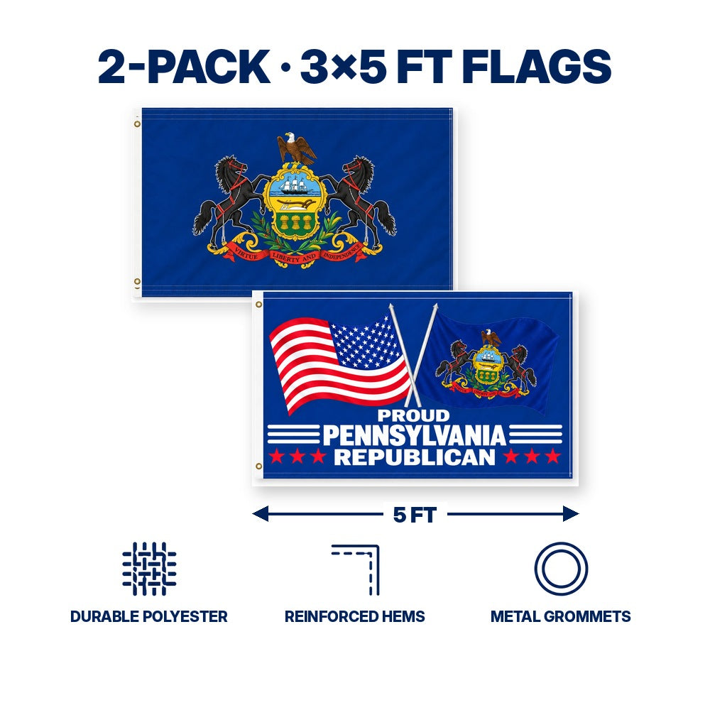 Pennsylvania State Flag and Proud Pennsylvania Republican Flag 3x5 2-Pack features and size details