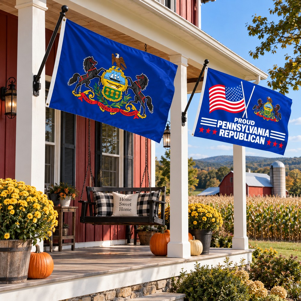 Pennsylvania State Flag and Proud Pennsylvania Republican Flag 3x5 2-Pack displayed outdoors
