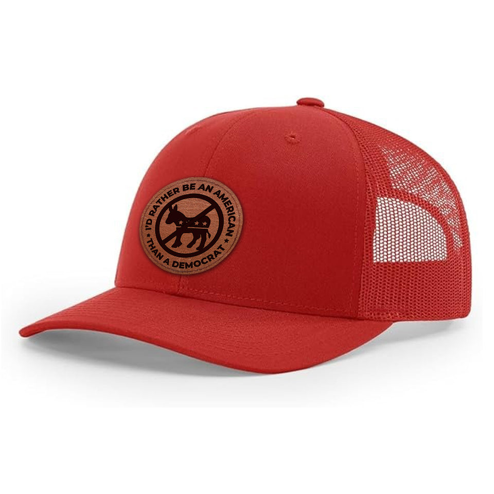 I'd Rather Be an American than a Democrat Red Hat with Tan Circle Patch, Trump 2024